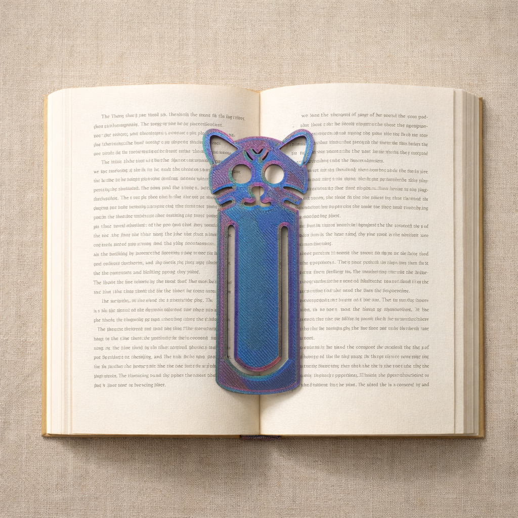 Iridescent 3D printed cat bookmark centered on an open book, shown in a clean minimal bookish flat lay.