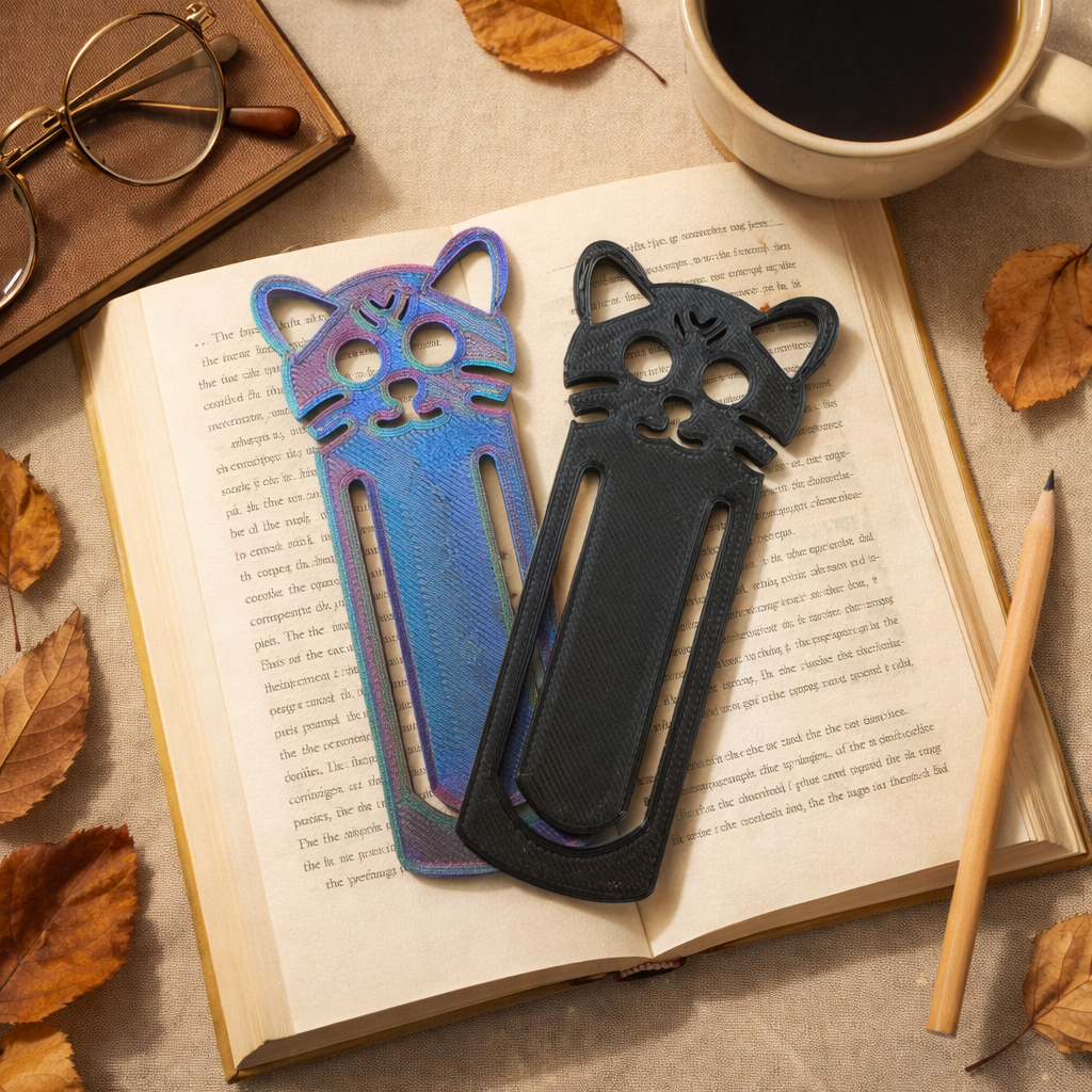 Two 3D printed cat bookmarks in black and iridescent blue resting on an open book in a cozy autumn flat lay with coffee, pencil, and leaves.