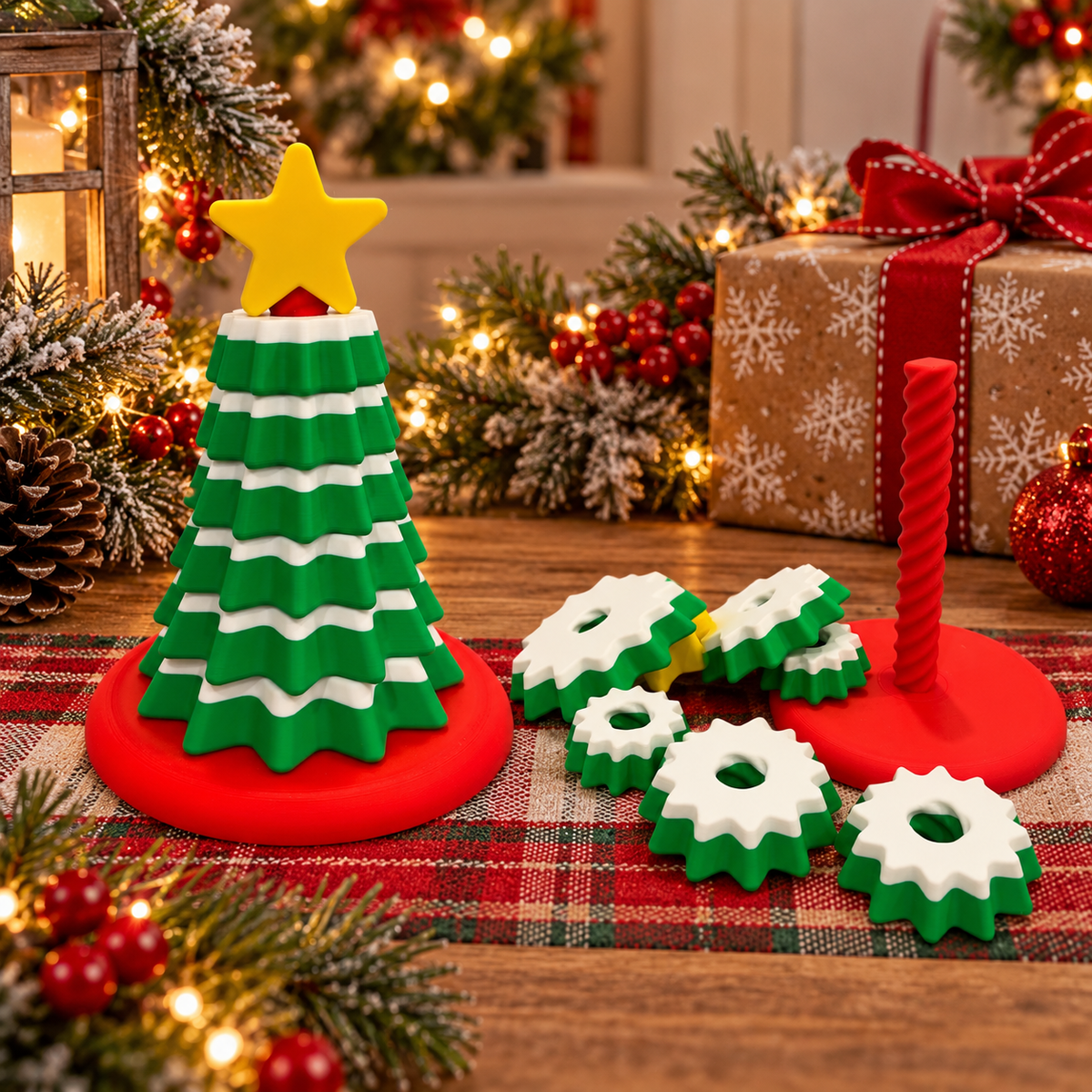 Green and white 3D printed Christmas tree stacking toy with red base and yellow star