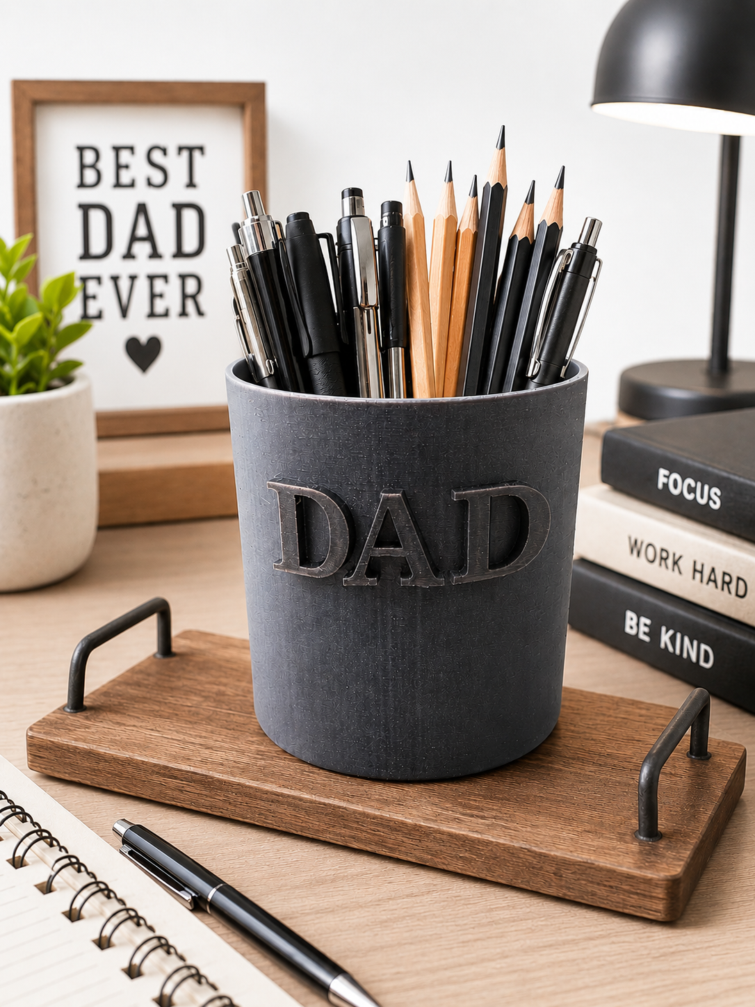 Black 3D printed DAD pencil holder and desk organizer filled with pens and pencils on a modern office desk beside books and desk lamp