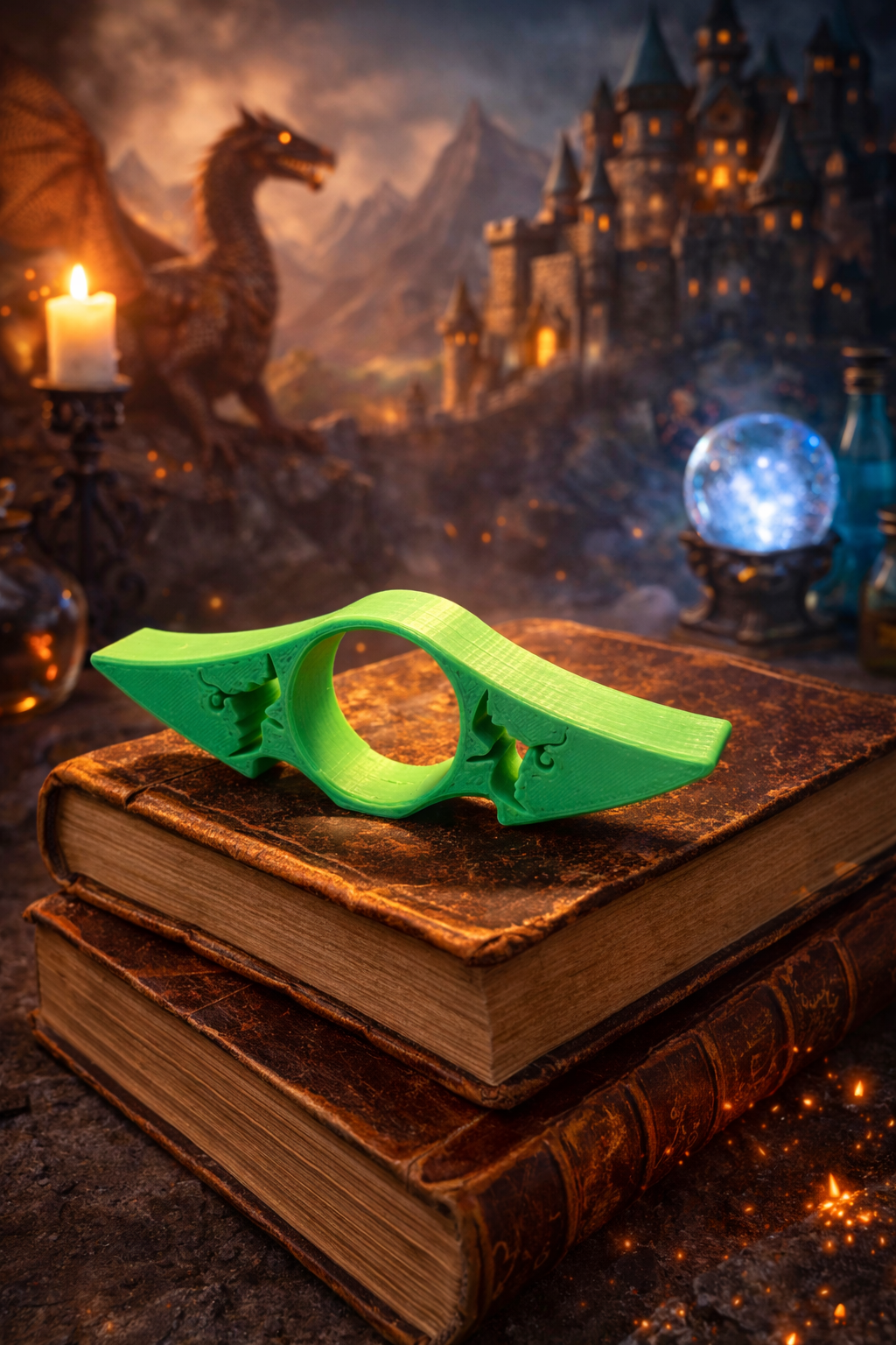Green object on old books with a dragon and castle in the background