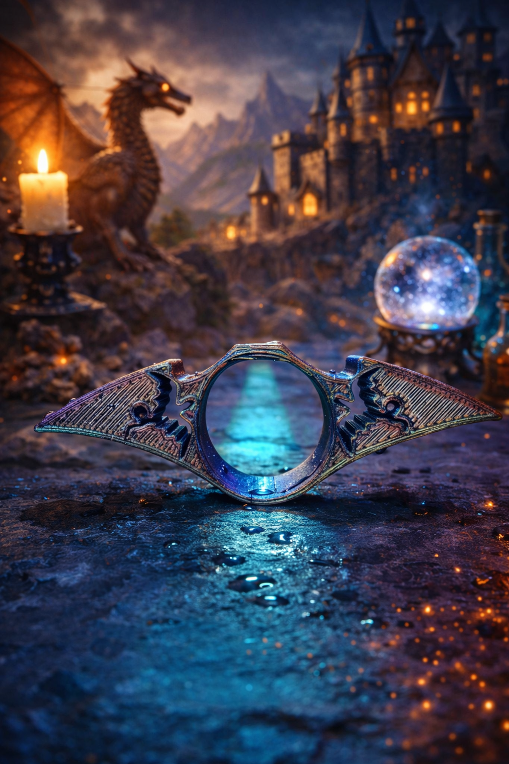 Fantasy scene with a dragon, castle, and glowing crystal ball on a dark background