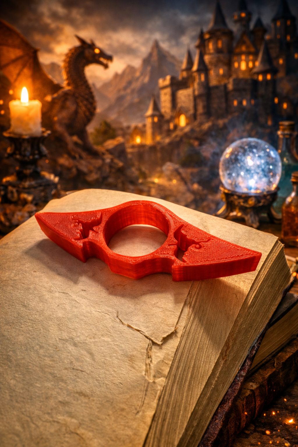 Red decorative object on an open book with a fantasy castle and dragon in the background