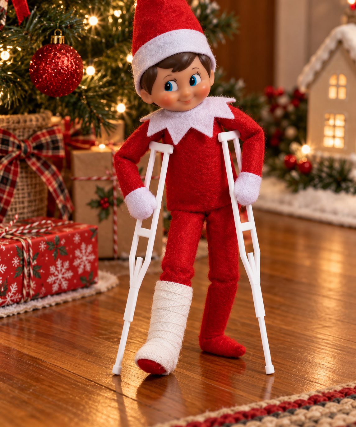 White miniature 3D printed crutches displayed with a Christmas elf