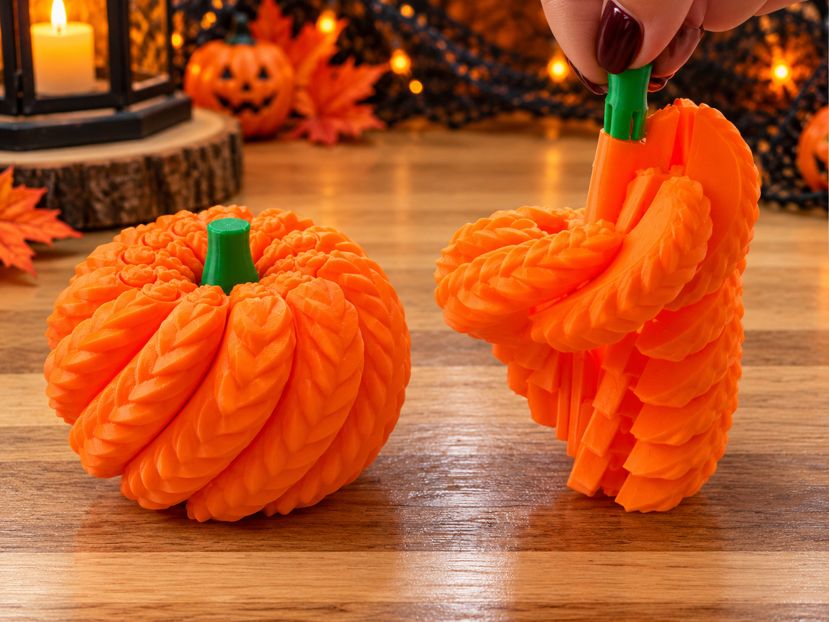 Orange 3D printed expandable pumpkin fidget toy with textured leaf-shaped spiral sections and a green stem, shown in compact and expanded positions to demonstrate its twisting sensory design.