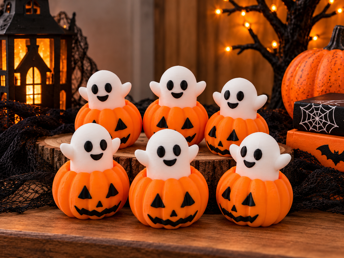 Six 3D printed Halloween clicker fidget toys featuring smiling white ghosts popping out of orange jack-o'-lantern pumpkins, displayed with spooky Halloween decorations.