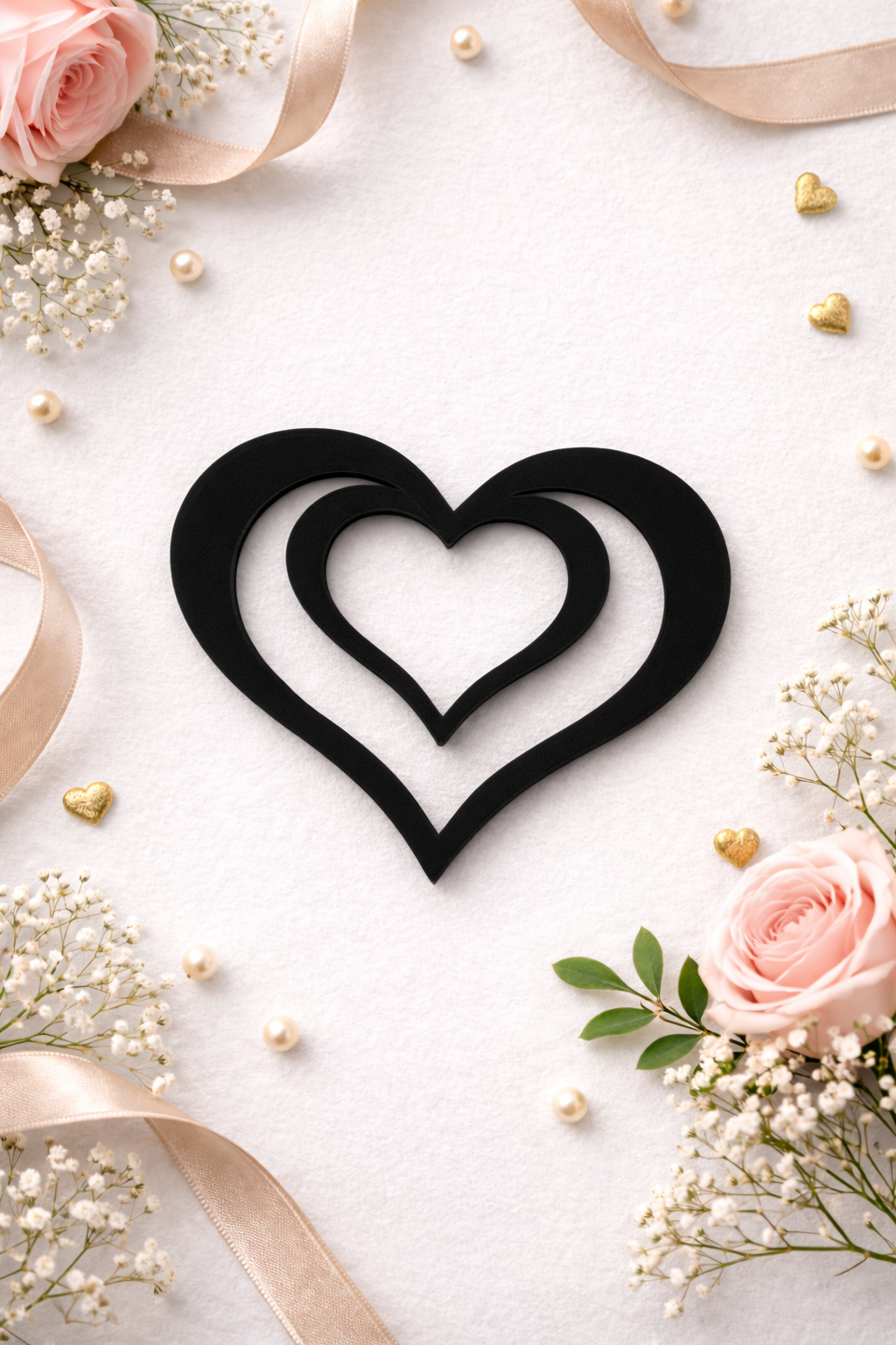 Black 3D printed heart shaped bookmark styled on a light background with soft florals, ribbon, and decorative accents