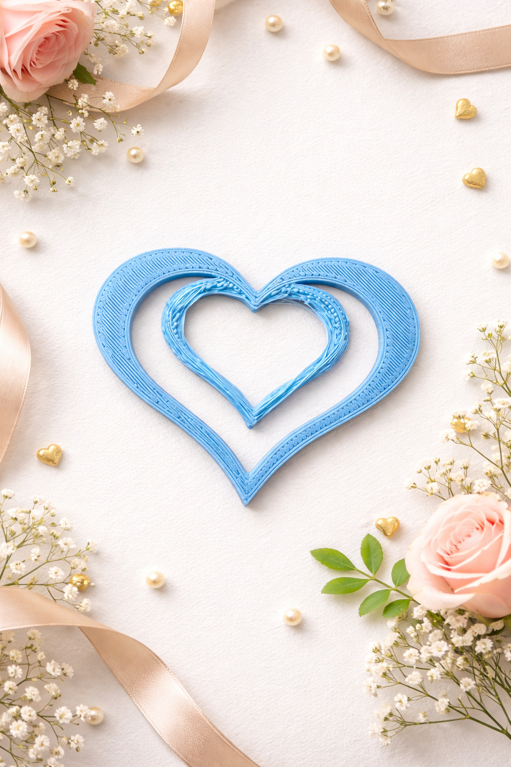 Blue 3D printed heart shaped bookmark styled on a light background with soft florals, ribbon, and decorative accents
