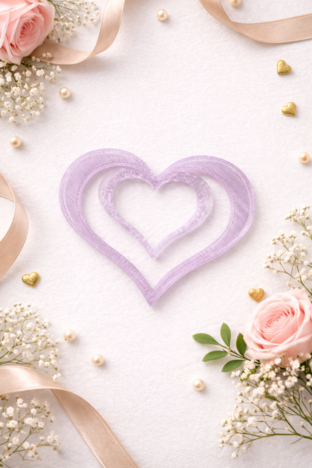 Lavender 3D printed heart shaped bookmark styled on a light background with soft florals, ribbon, and decorative accents