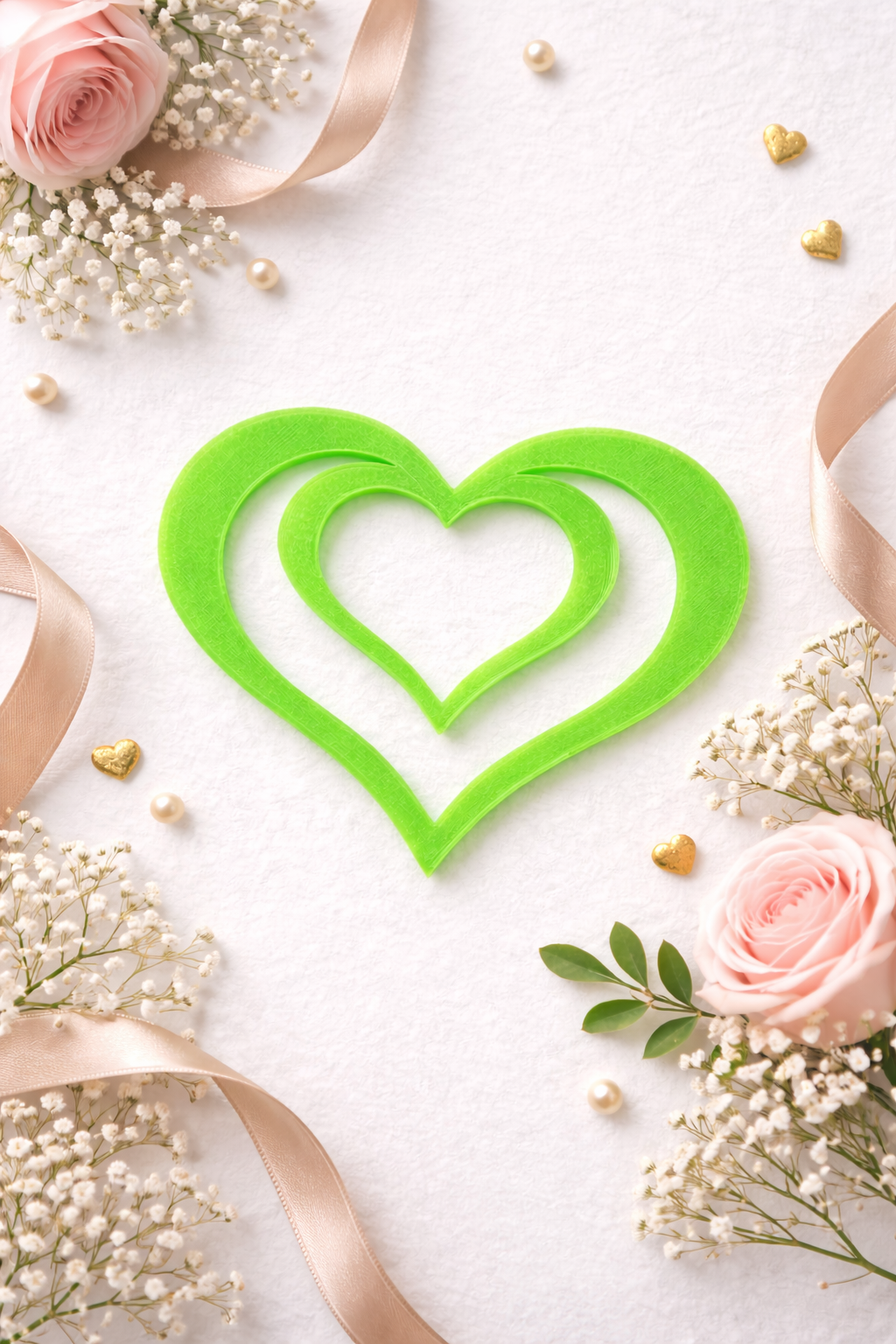 Bright green 3D printed heart shaped bookmark styled on a light background with soft florals, ribbon, and decorative accents