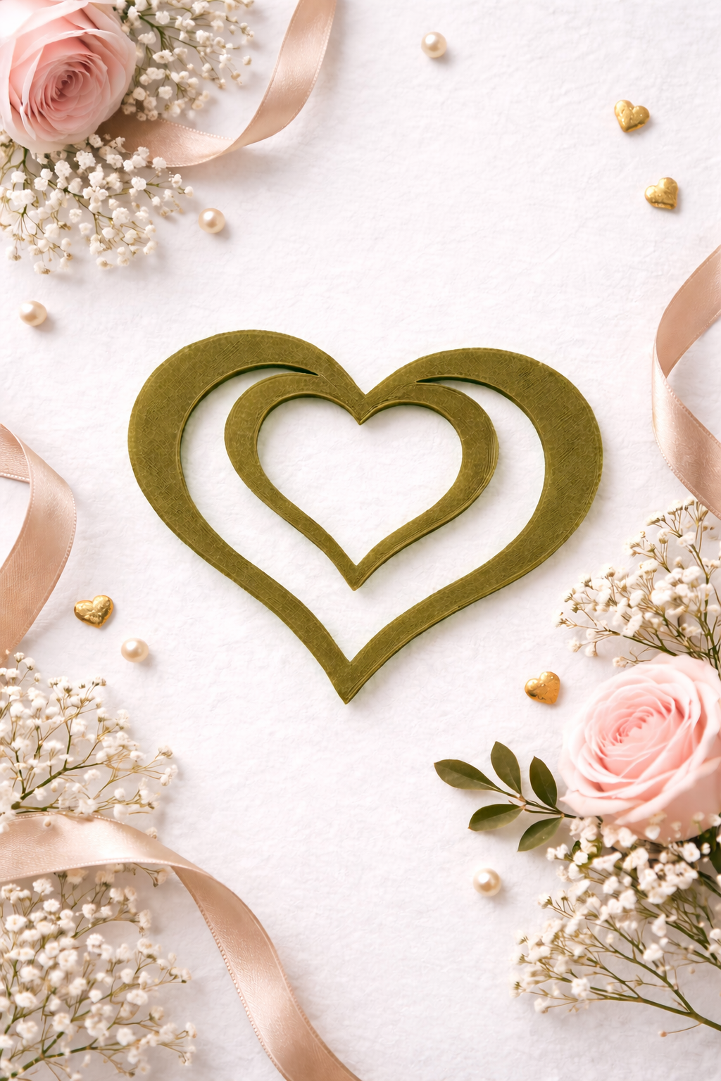 Olive green 3D printed heart shaped bookmark styled on a light background with soft florals, ribbon, and decorative accents