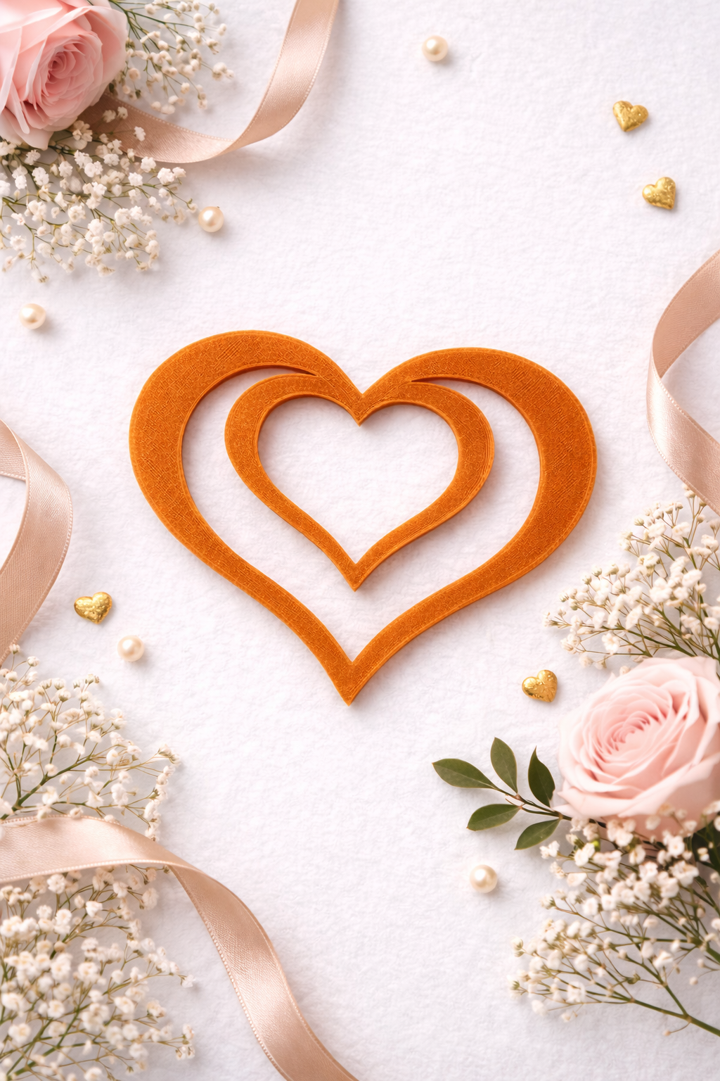 Orange 3D printed heart shaped bookmark styled on a light background with soft florals, ribbon, and decorative accents