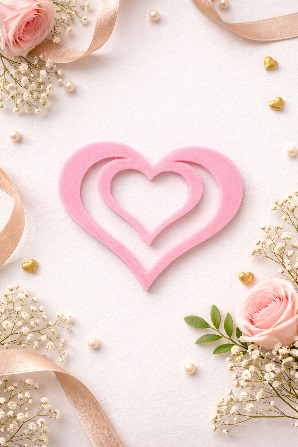 Pink 3D printed heart shaped bookmark styled on a light background with soft florals, ribbon, and decorative accents