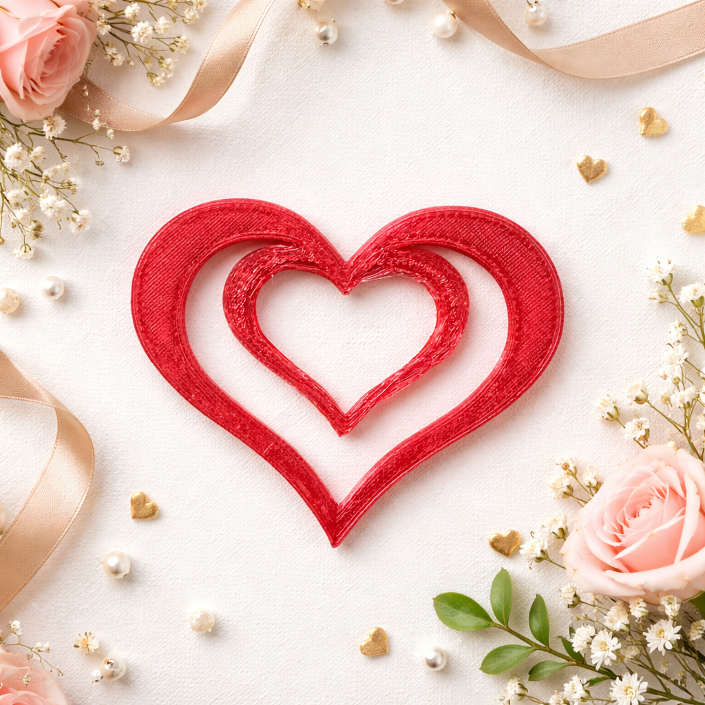 Red 3D printed heart shaped bookmark styled on a light background with soft florals, ribbon, and decorative accents