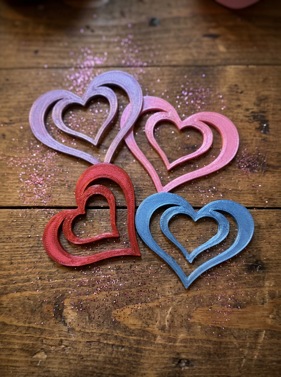Set of multicolor 3D printed heart shaped bookmarks approximately 2 inches wide and 1 mm thick arranged on a wooden surface with scattered pink glitter