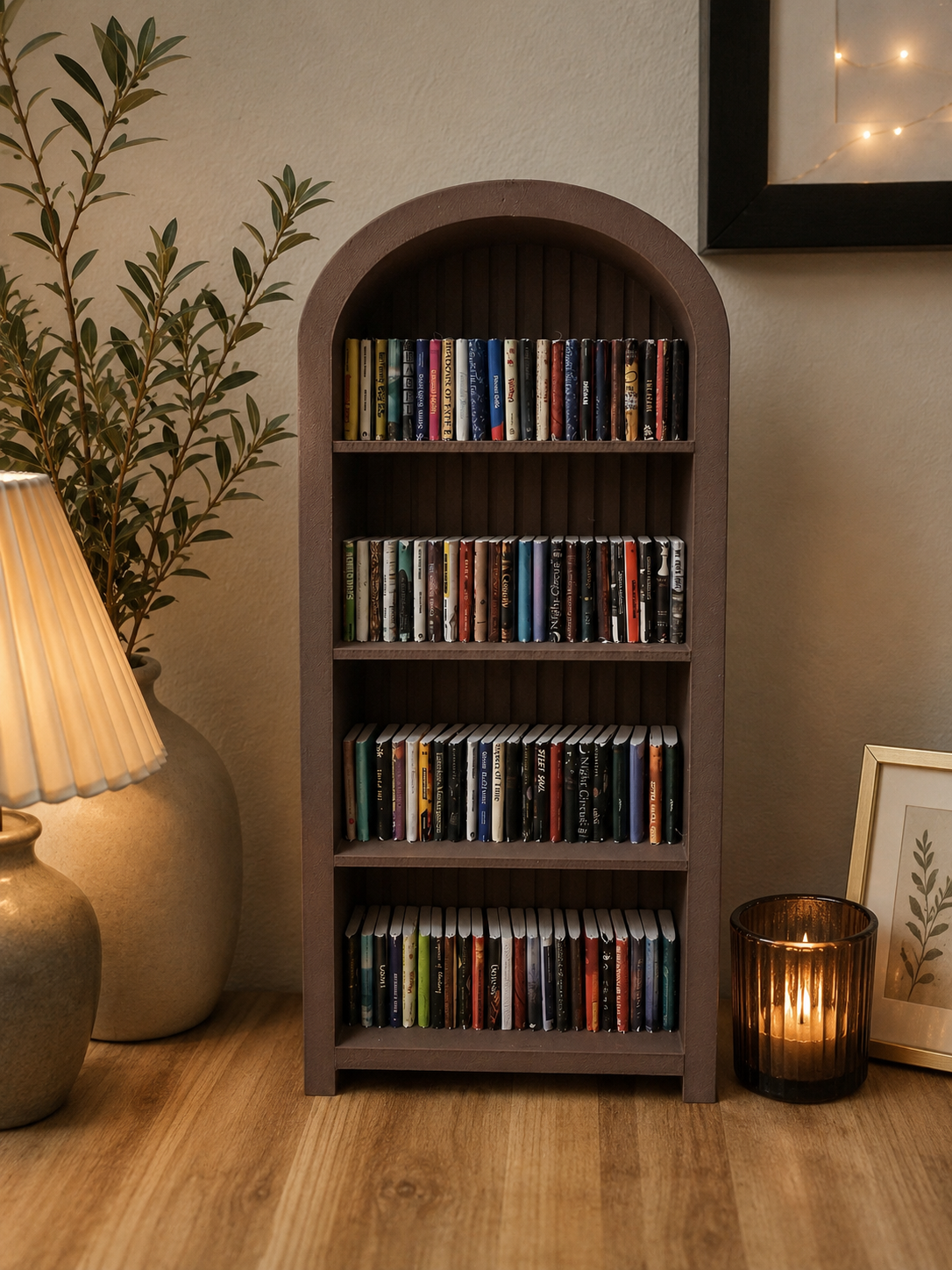 Wooden bookshelf filled with books in a room with a lamp, plant, and candle.