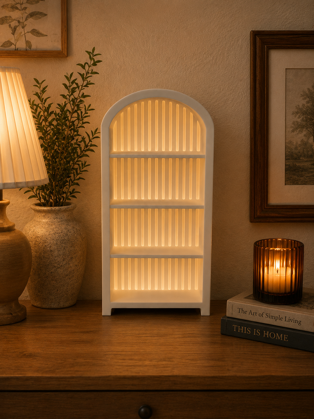 Decorative lamp with a warm glow in a home setting
