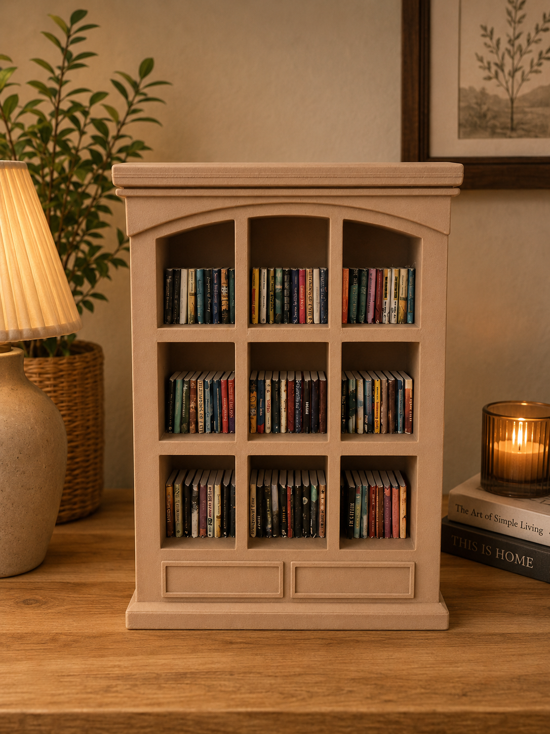 Wooden bookshelf filled with books on a wooden surface with a lamp and candle in the background.