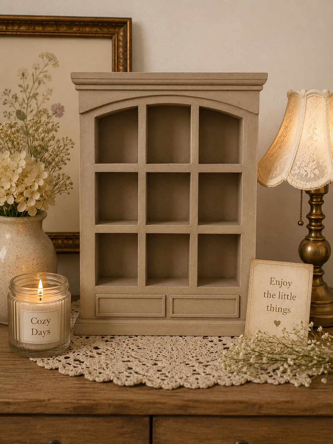 3D printed mini curio cabinet shelf styled with cozy cottagecore decor and candlelight