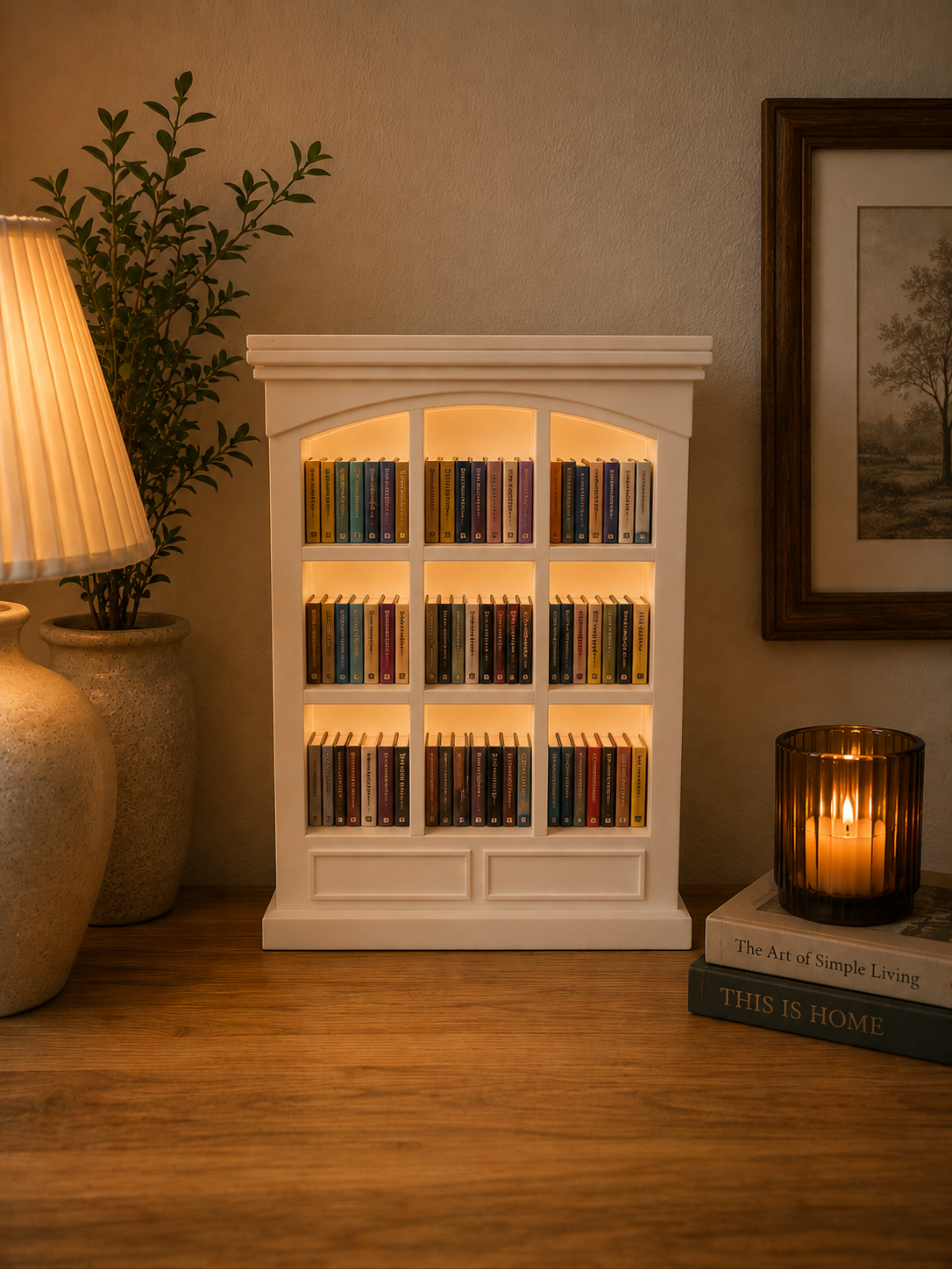 Decorative bookshelf with illuminated books on a wooden floor, surrounded by a plant and a candle.
