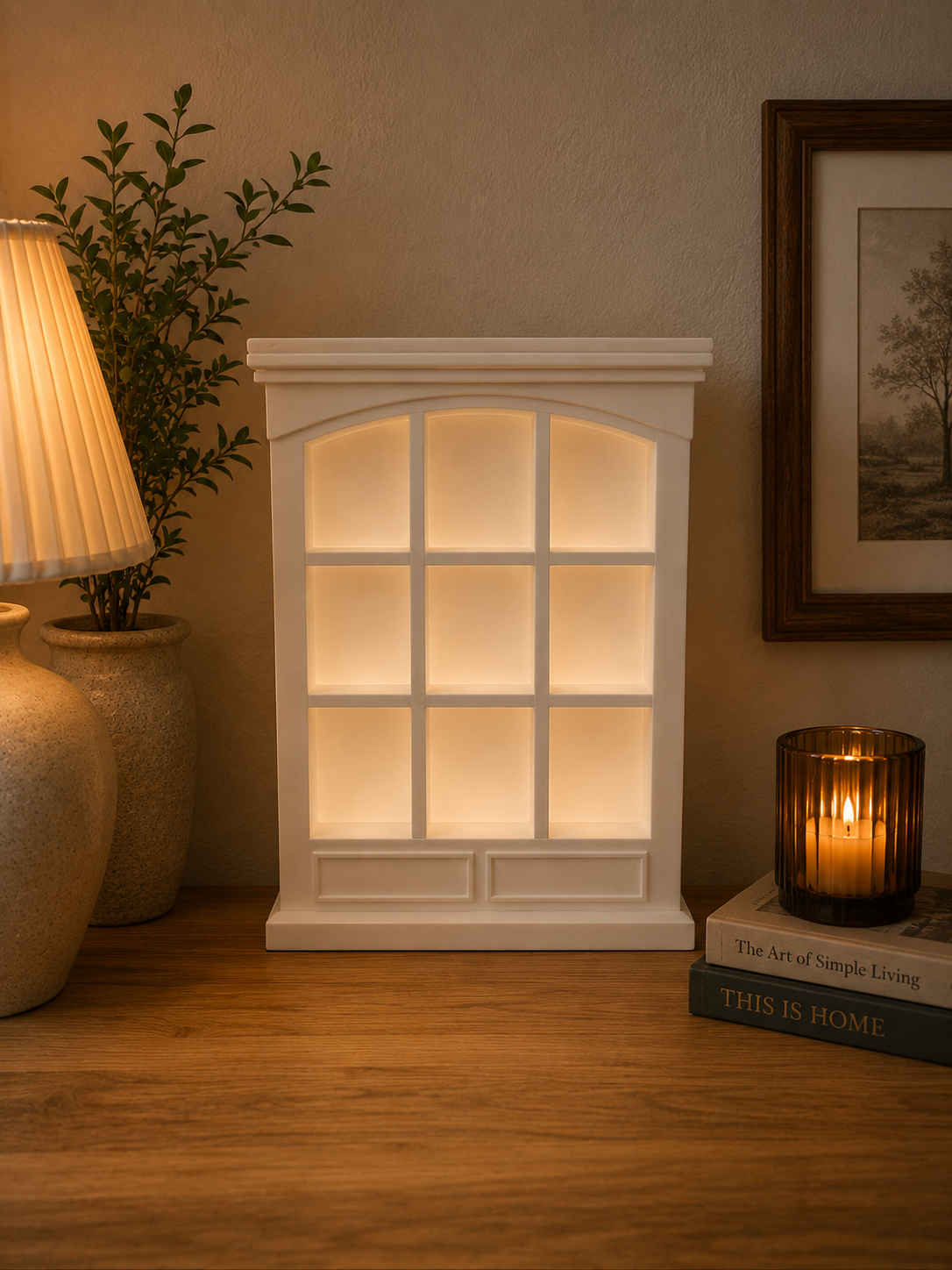 White decorative lantern with glass panels on a wooden surface, surrounded by books and a plant.