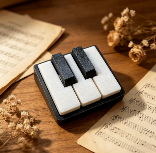 3D printed piano keyboard fidget toy displayed beside vintage sheet music