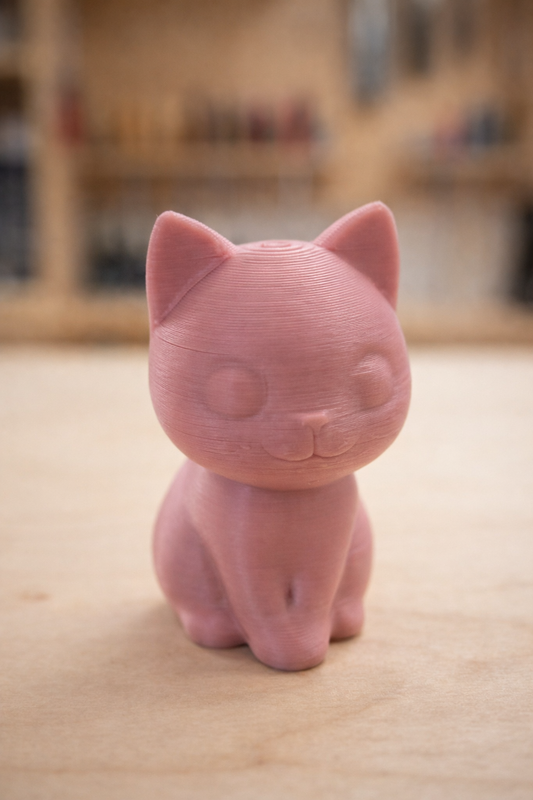 Close-up of a small pink 3D printed cat figurine with closed eyes on a wooden surface and blurred workshop background