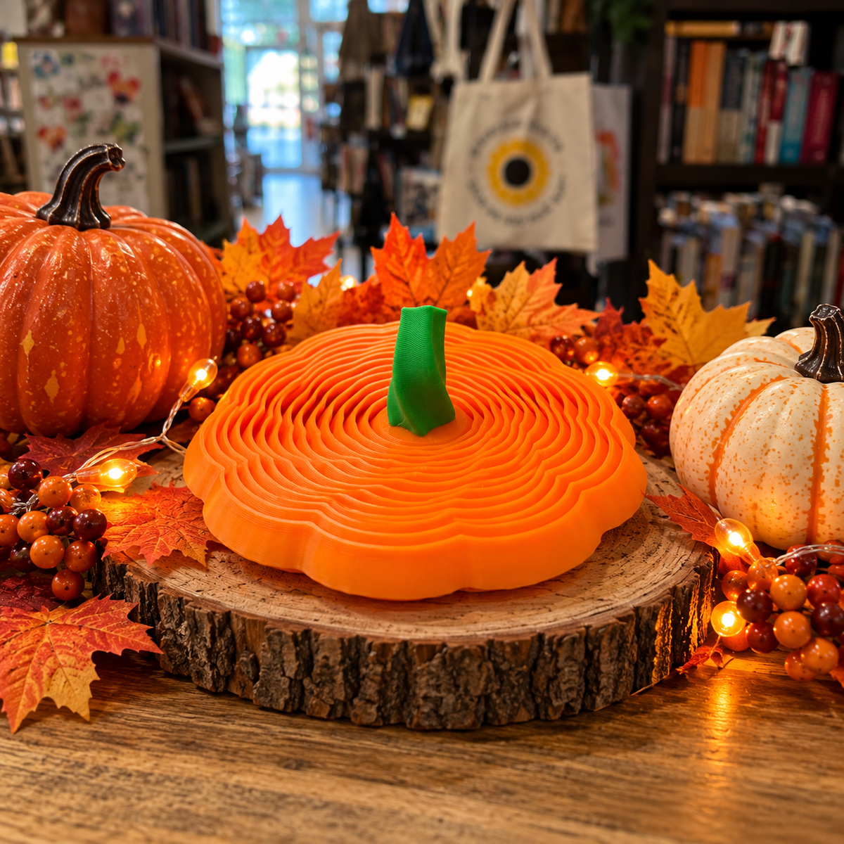 Orange 3D printed pumpkin fidget toy featuring layered concentric rings and a green stem, displayed on a wood slice surrounded by fall leaves, pumpkins, and autumn decorations.
