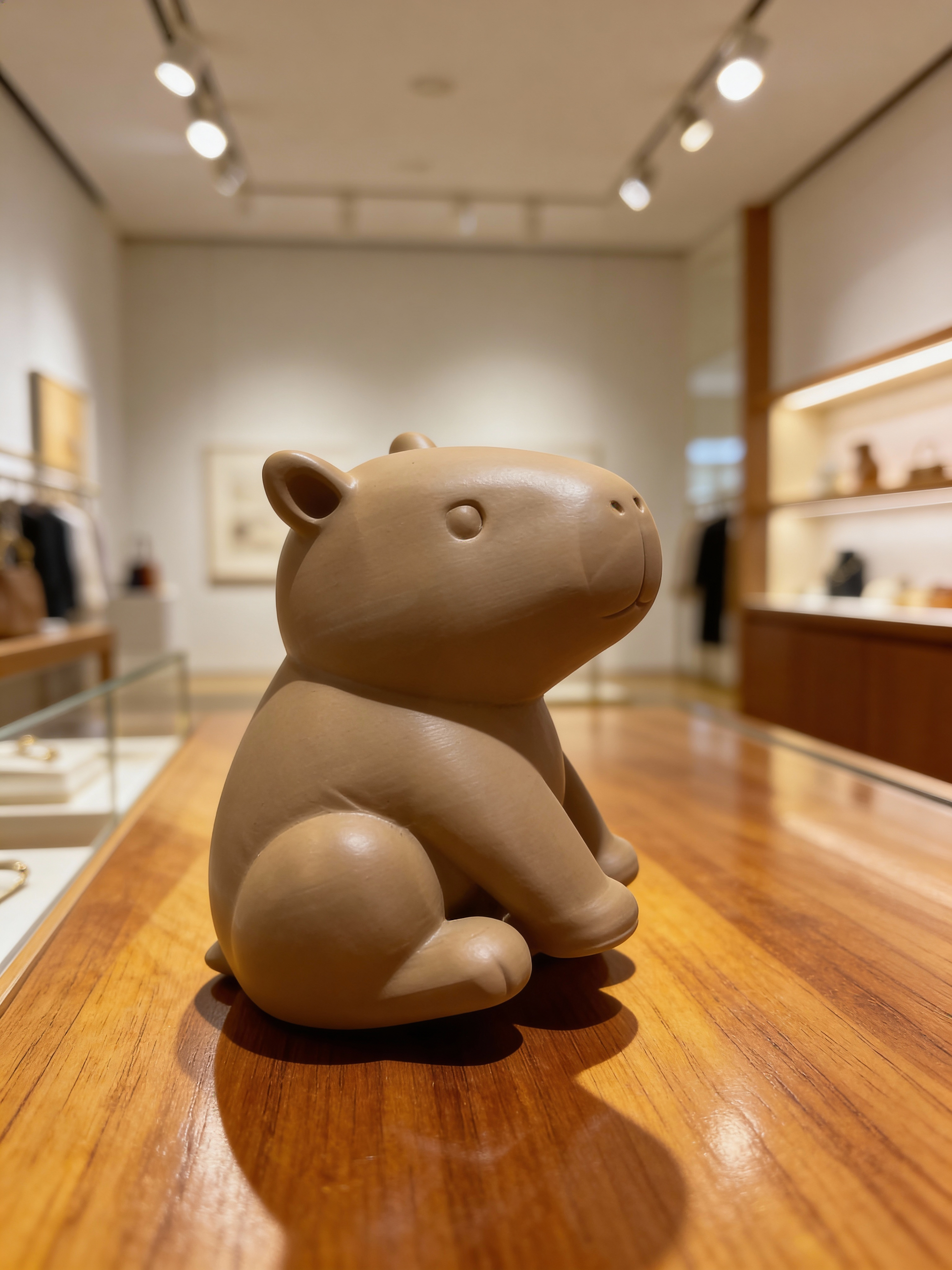 3D printed solid brown capybara figurine sitting on a wooden surface, small 1 inch capybara decor figure