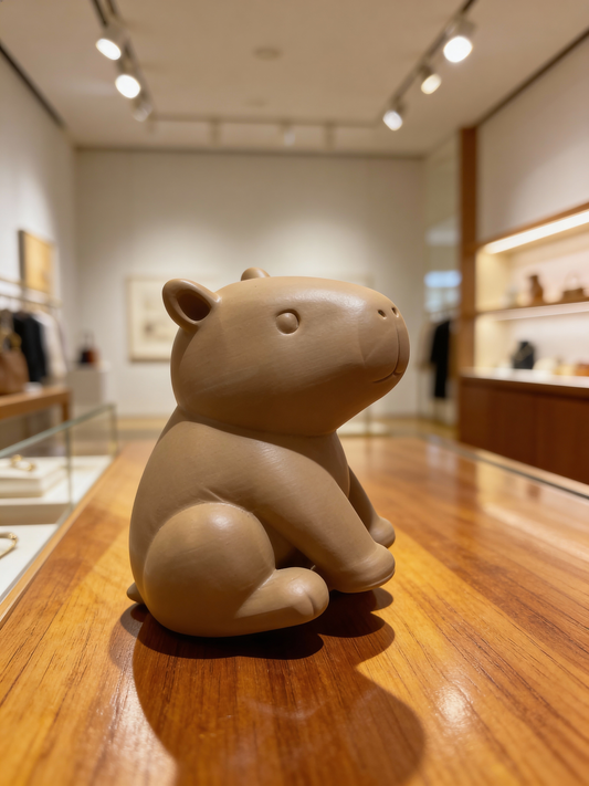 3D printed solid brown capybara figurine sitting on a wooden surface, small 1 inch capybara decor figure
