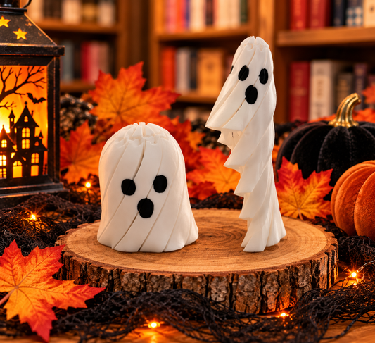 White 3D printed spiral ghost fidget toy shown in compact and extended positions, featuring black eyes, surprised expressions, and a twisting layered design, displayed with Halloween pumpkins and fall decorations.