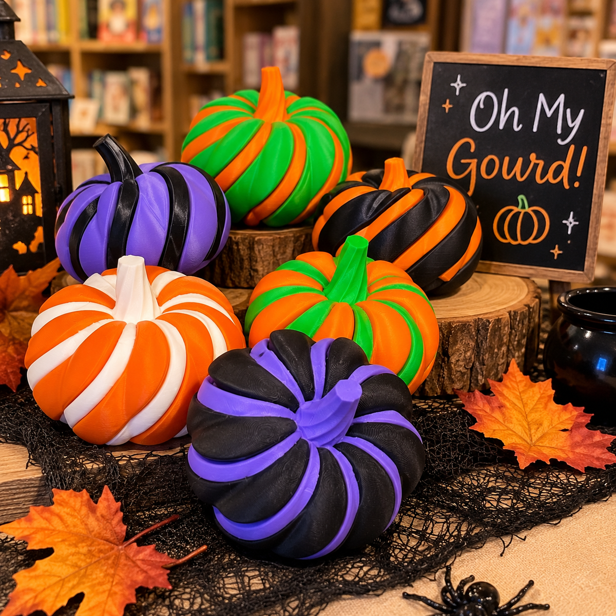Colorful 3D printed spiral pumpkin fidget toys in orange, green, purple, black, and white combinations displayed with Halloween decorations.