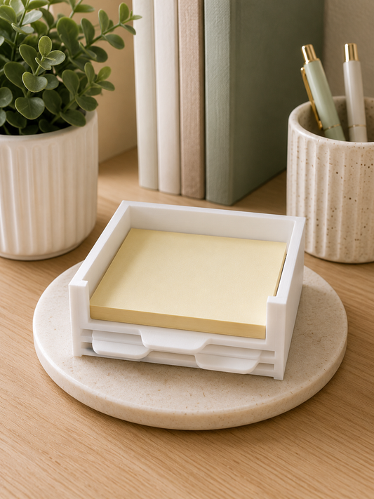 White 3D printed sticky note holder with three interchangeable stencil insert trays displayed on a modern desktop.