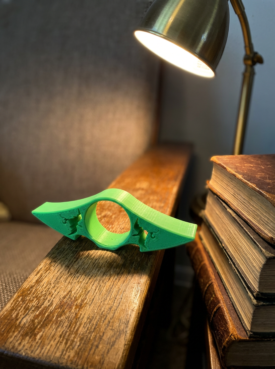 Green 3D printed thumb book holder with dragon artwork on wooden surface