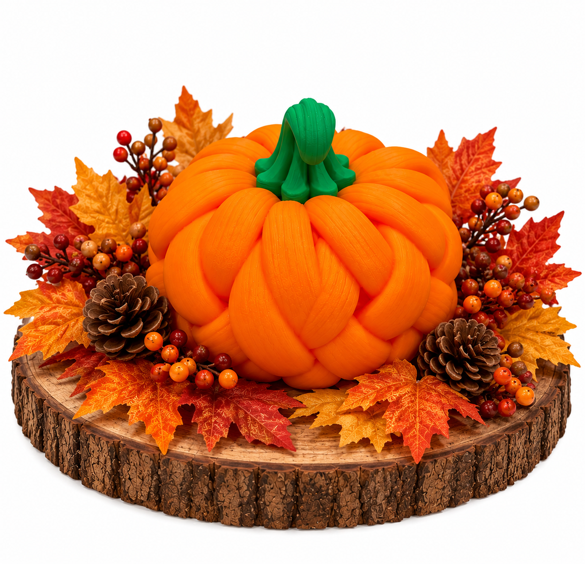 Orange 3D printed woven pumpkin with green stem for fall decorating
