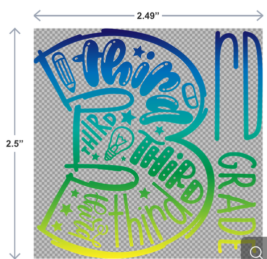 UV-DTF sticker with the phrase 3rd Grade in bold, colorful lettering—perfect for personalizing water bottles, notebooks, and classroom supplies.