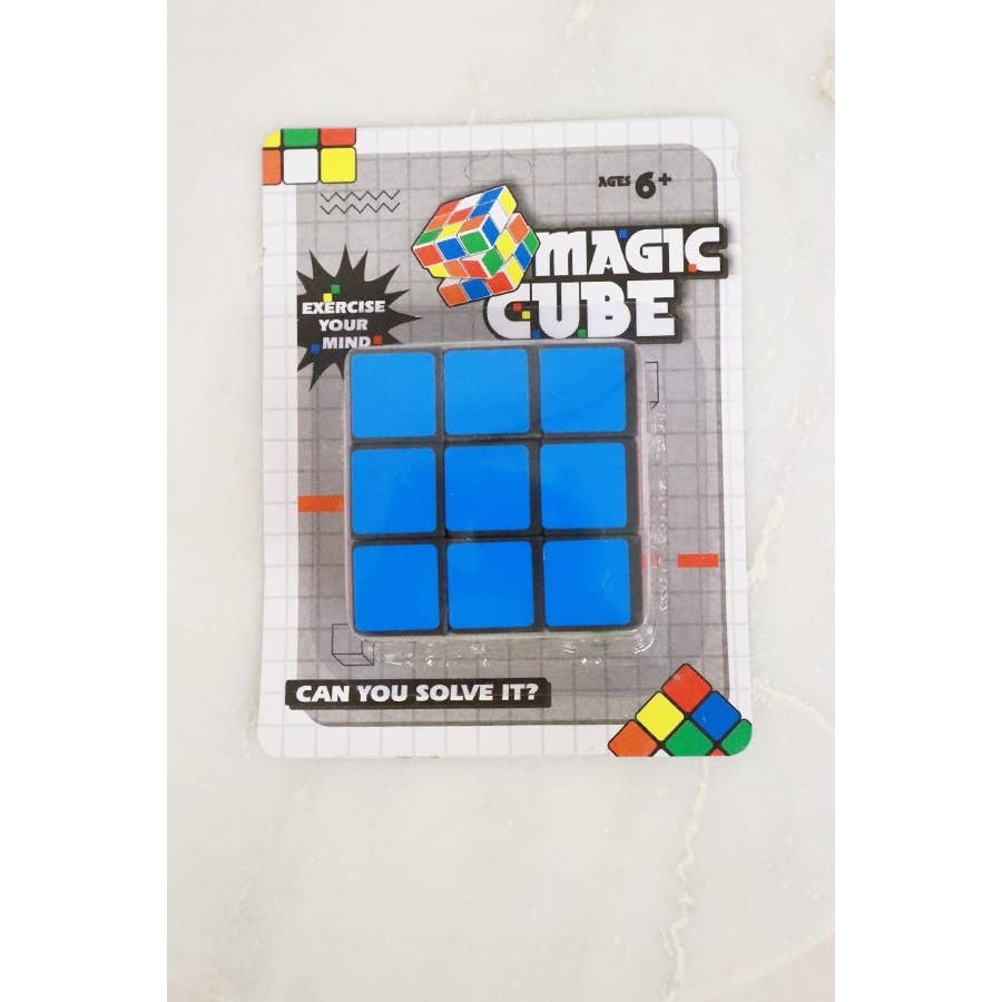 Packaging of a 3x3 magic cube puzzle labeled magic cube brain teaser toy for ages 6 and up.