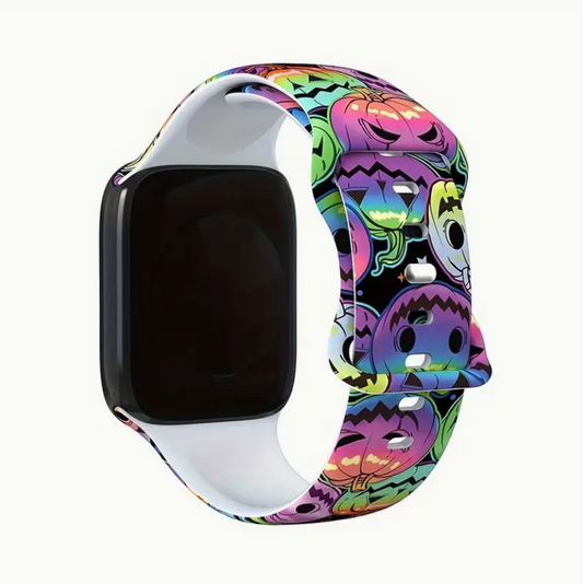 Smartwatch with a colorful band featuring cartoon characters on a white background