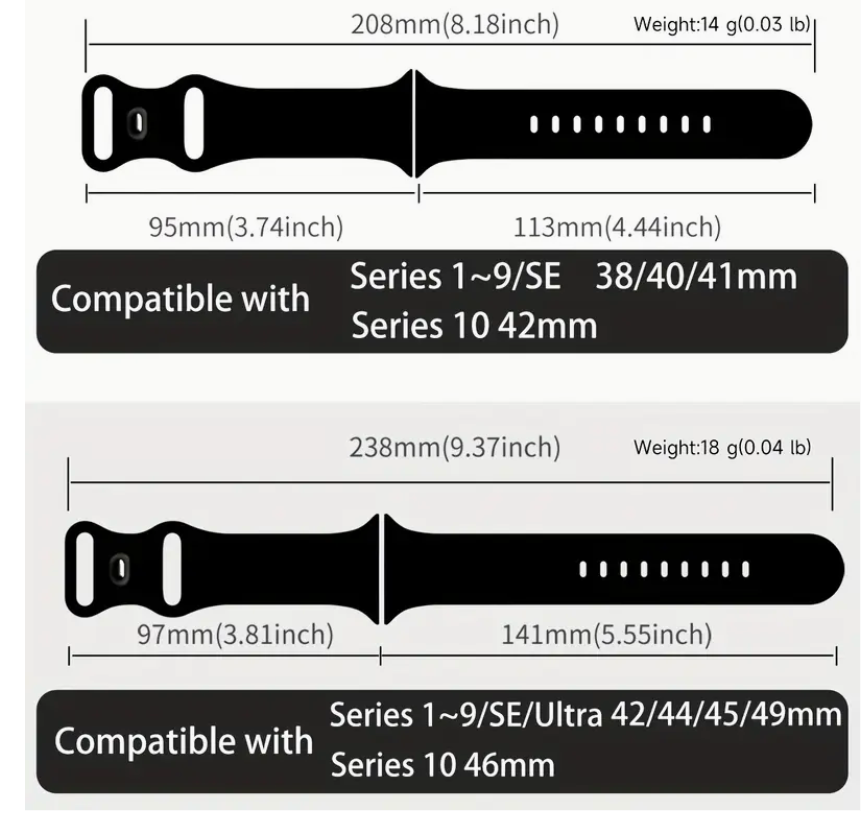 Measurement chart of a black watch strap with compatibility details.