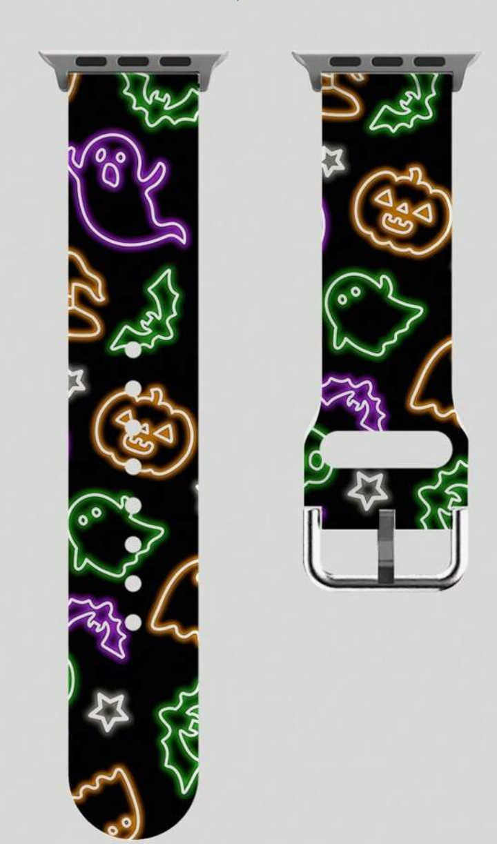 Two Halloween-themed watch straps with neon designs on a gray background