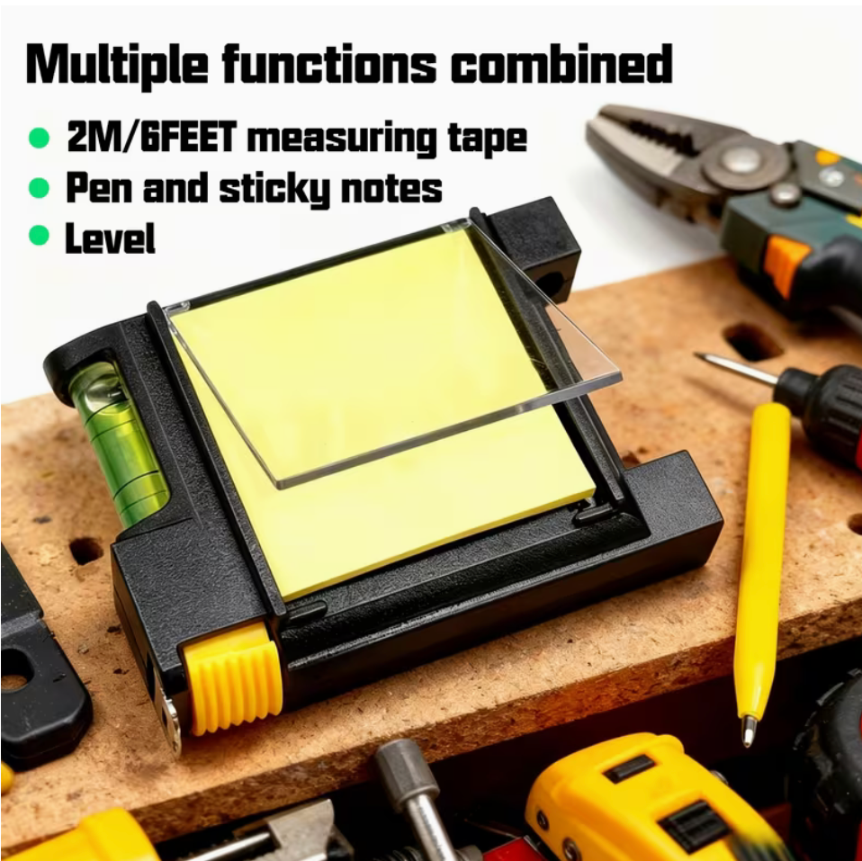 Black multi-function tool with retractable measuring tape, yellow memo pad, bubble level and mini pen