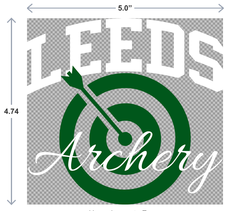 Leeds Archery UV DTF sticker shown in 5 inch car decal size and 2.5 inch water bottle size