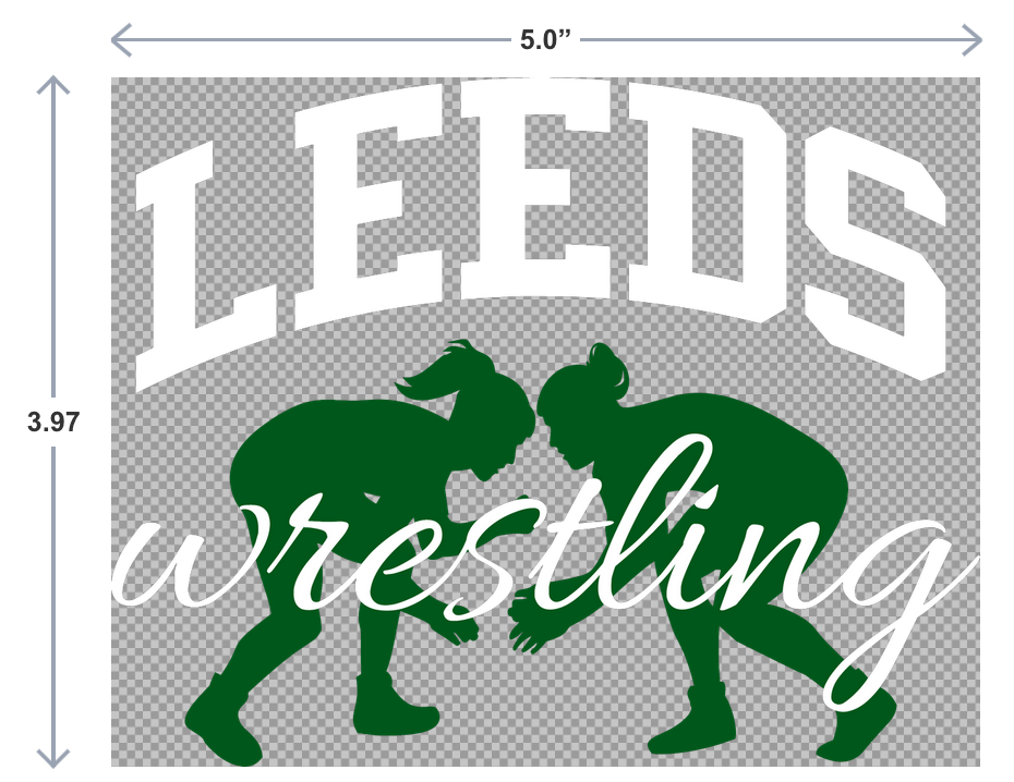 Wrestling design with 'LEEDS wrestling' text and silhouette of two wrestlers on a gray background.