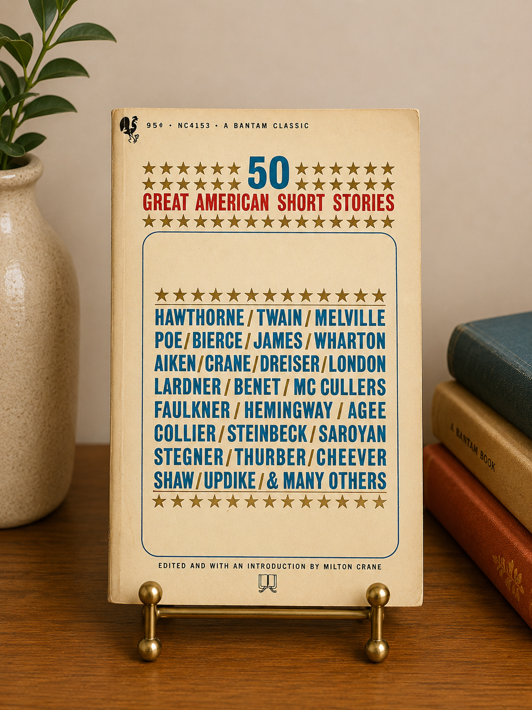 Vintage paperback edition of 50 Great American Short Stories edited by Milton Crane featuring works by Twain, Hemingway, Steinbeck, Faulkner, Poe, and others.