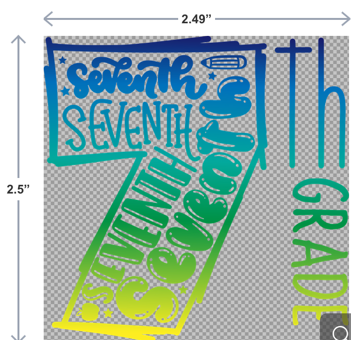UV-DTF sticker that says 7th Grade in colorful, bold lettering—perfect for customizing school gear like water bottles and notebooks.
