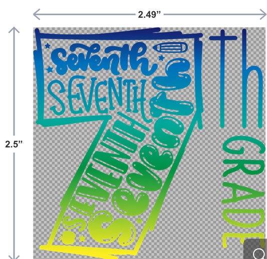 UV-DTF sticker that says 7th Grade in colorful, bold lettering—perfect for customizing school gear like water bottles and notebooks.