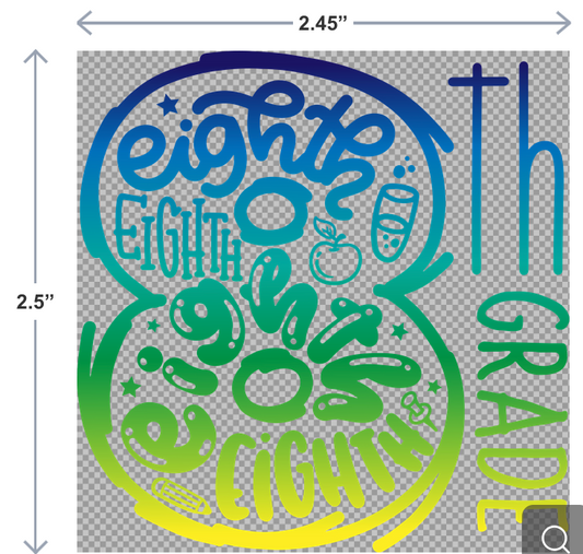 UV-DTF sticker that says 8th Grade in bold, school-themed lettering—ideal for water bottles, laptops, notebooks, and classroom items.