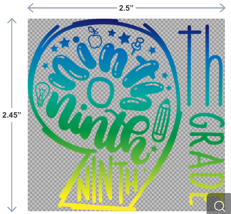 UV-DTF sticker with the phrase 9th Grade in bold, school-themed lettering—perfect for customizing backpacks, water bottles, or notebooks.