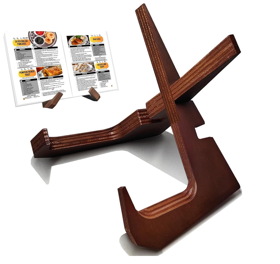 Brown bookend holding open a menu on a white background