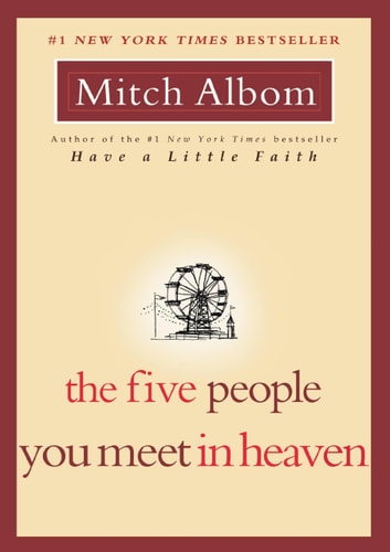 Cover of The Five People You Meet in Heaven by Mitch Albom, featuring a minimalist design with a Ferris wheel illustration symbolizing the amusement park setting.